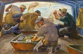 Four Fishermen Casting Nets from Boat by Robert von Neumann