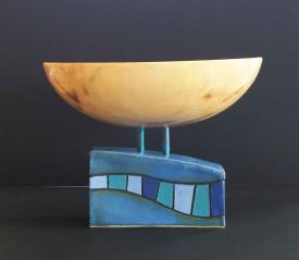 Box Elder Bowl with Ceramic Base (Blues) by Ronald Zdroik