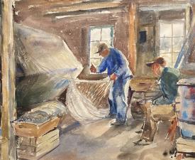 Two Fisherman in Fish Shack Repairing Nets by Robert von Neumann