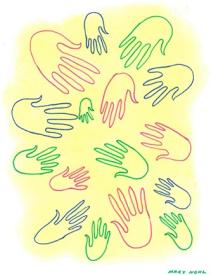 Sixteen Multi-colored Hands on yellow by Mary Nohl