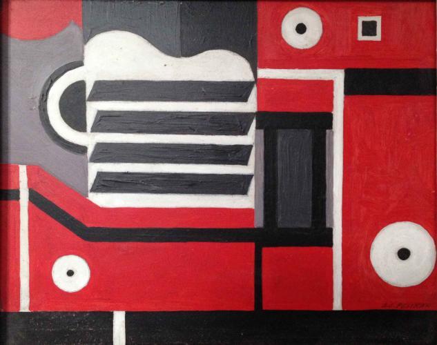 Untitled (Hard Edge Geometric with Red, Grey, and Black) by Alfred Pelikan