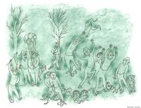 Untitled (15 people and 3 dogs celebrating in green) by Mary Nohl