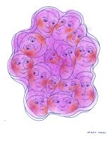Untitled (14 red cheeked faces in purple) by Mary Nohl