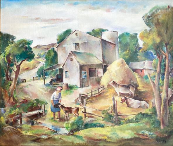 Farmhouse Landscape with Cows and Milkmaid by Walter Vladimir Rousseff