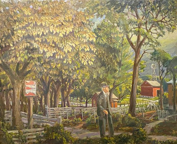 Man on a Walk (with Red Barn) by Gerrit Sinclair