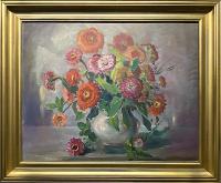 Floral with Zinnias in White Bowl by Francesco Spicuzza