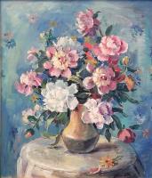 Untitled (Flowers in Vase on table with Blue Background) by Francesco Spicuzza