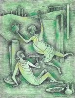 Two Mythical Figures in Green Landscape by Mary Nohl