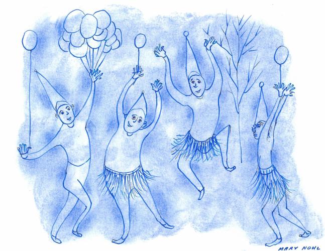 Four Blue Figures Celebrating with Balloons by Mary Nohl